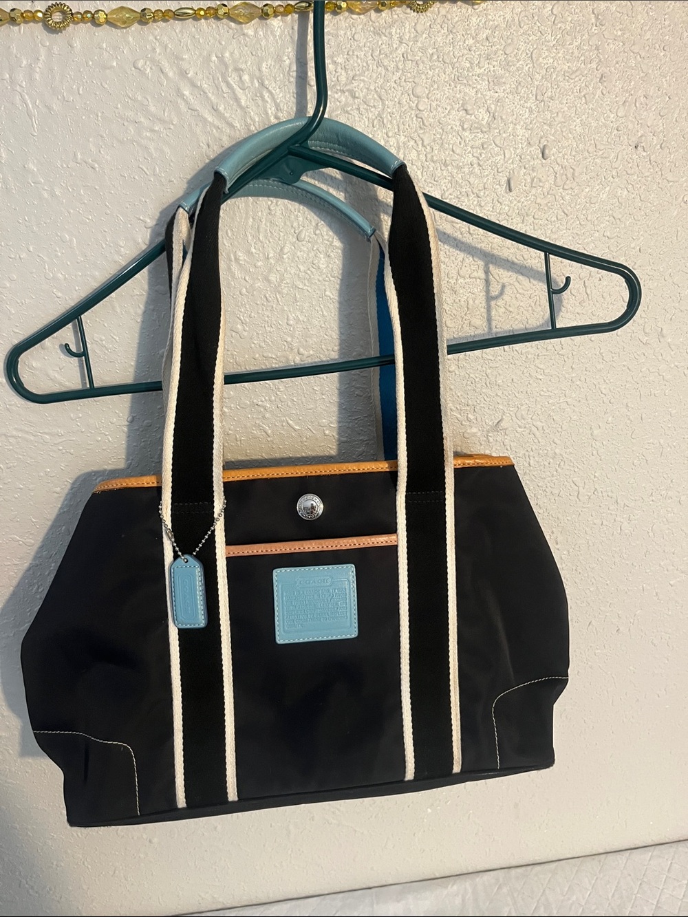 Black Tote with Light Blue Trim and Tan Accent